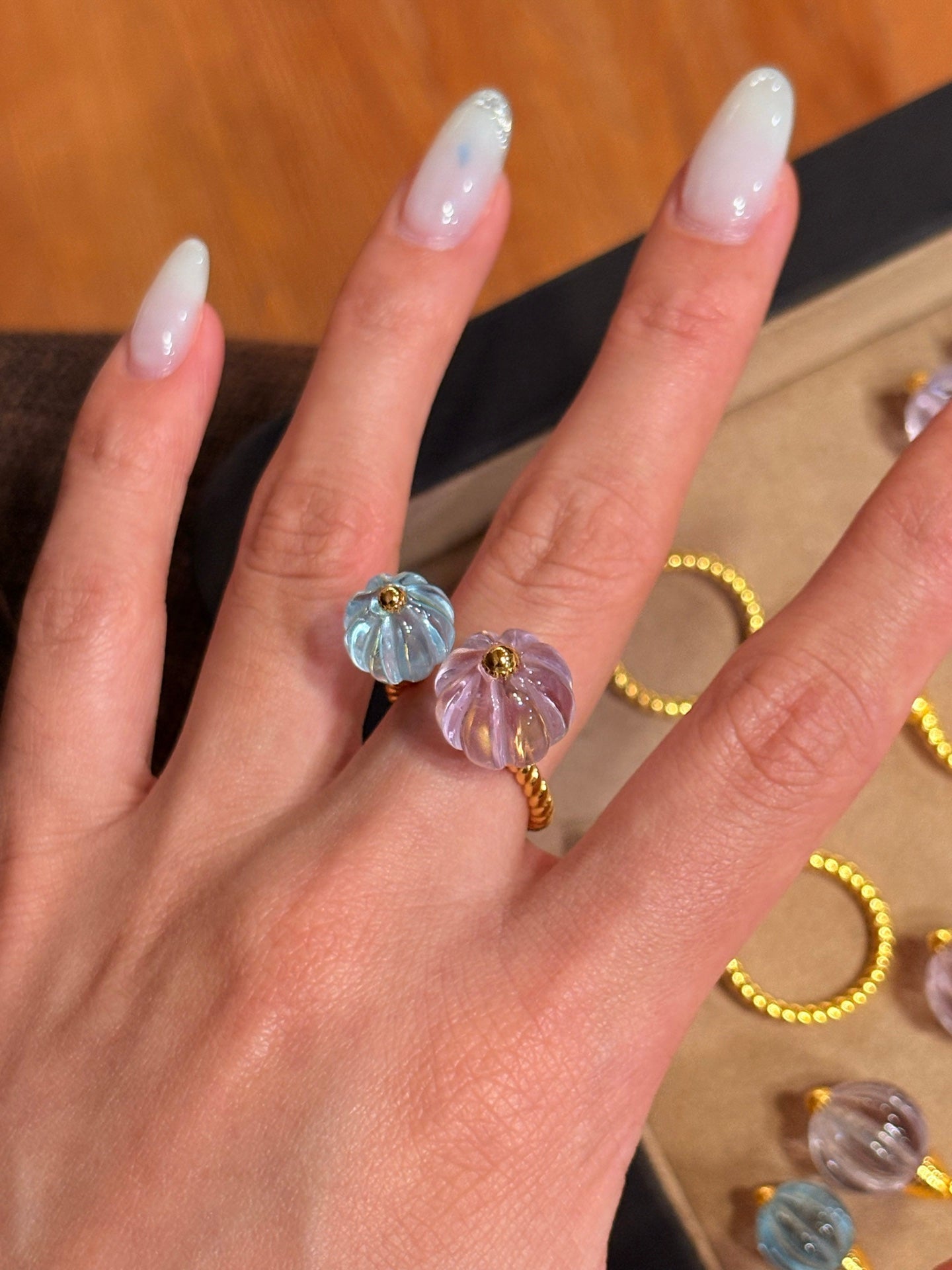 Amethyst and Blue Topaz Pumpkin Bead Twisted Open Ring - floysun