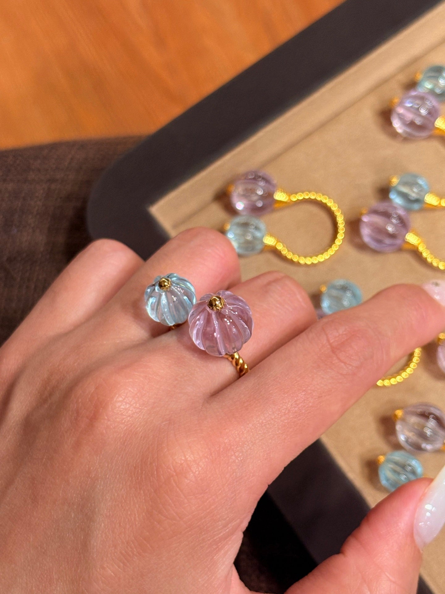 Amethyst and Blue Topaz Pumpkin Bead Twisted Open Ring - floysun