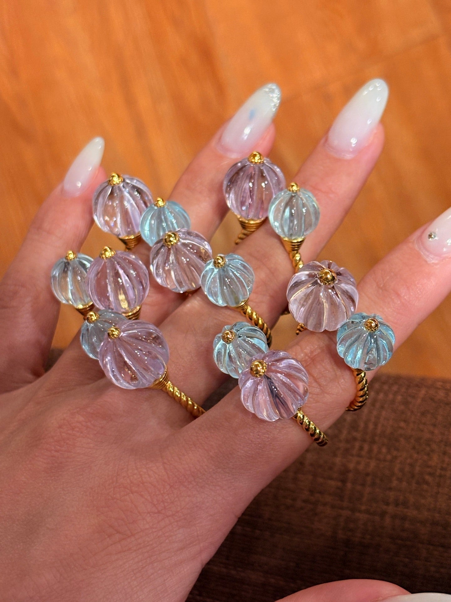 Amethyst and Blue Topaz Pumpkin Bead Twisted Open Ring - floysun