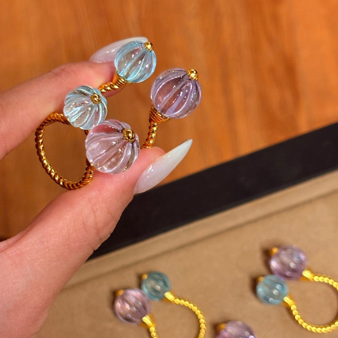 Amethyst and Blue Topaz Pumpkin Bead Twisted Open Ring - floysun