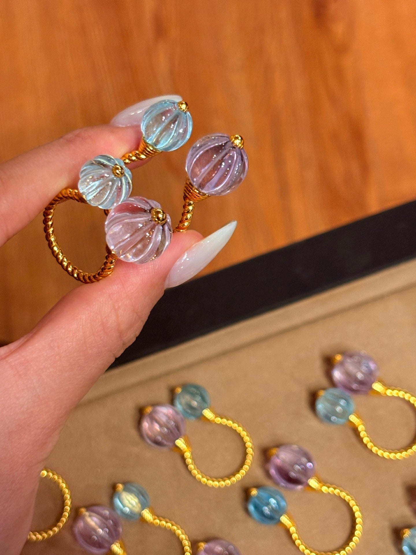 Amethyst and Blue Topaz Pumpkin Bead Twisted Open Ring - floysun