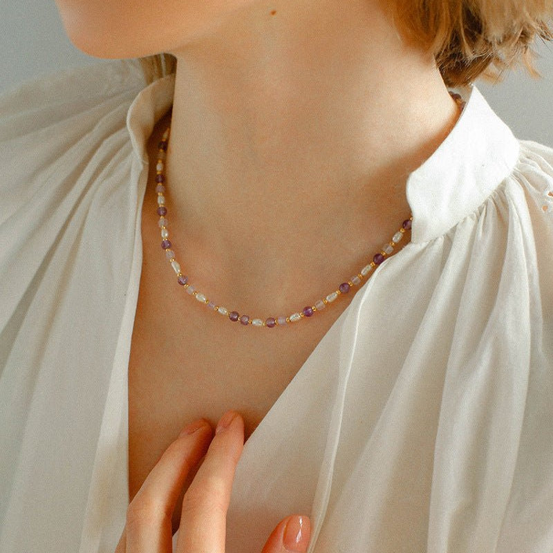 Amethyst Rice-Shaped Pearl Necklace - floysun