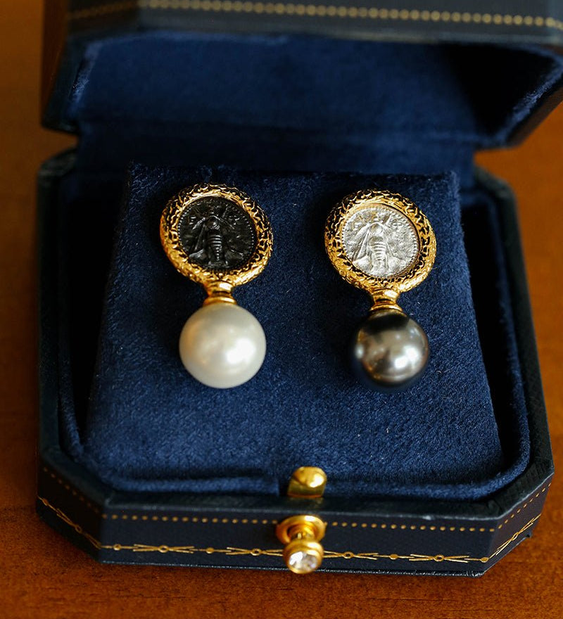 Ancient Greek Retro 925 Silver Coin Pearl Stud Earrings - Type H I - floysun