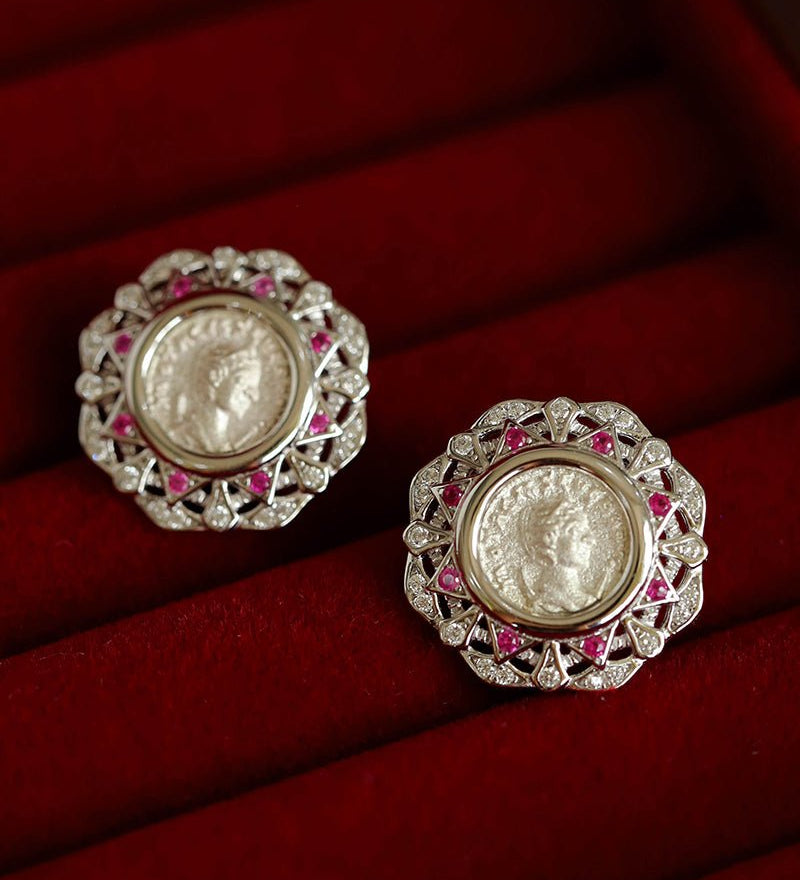 Ancient Greek Retro 925 Silver Coin Stud Earrings - Type A - floysun