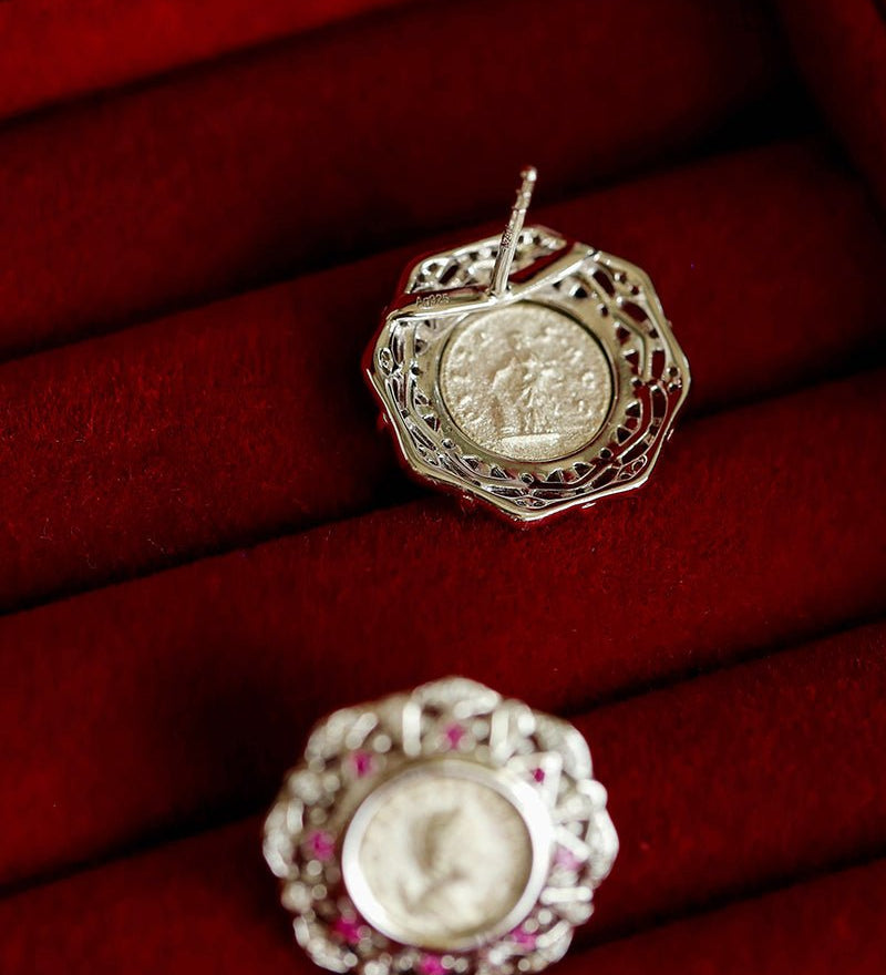 Ancient Greek Retro 925 Silver Coin Stud Earrings - Type A - floysun