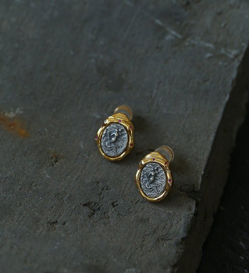 Ancient Greek Retro 925 Silver Coin Stud Earrings - Type B - floysun
