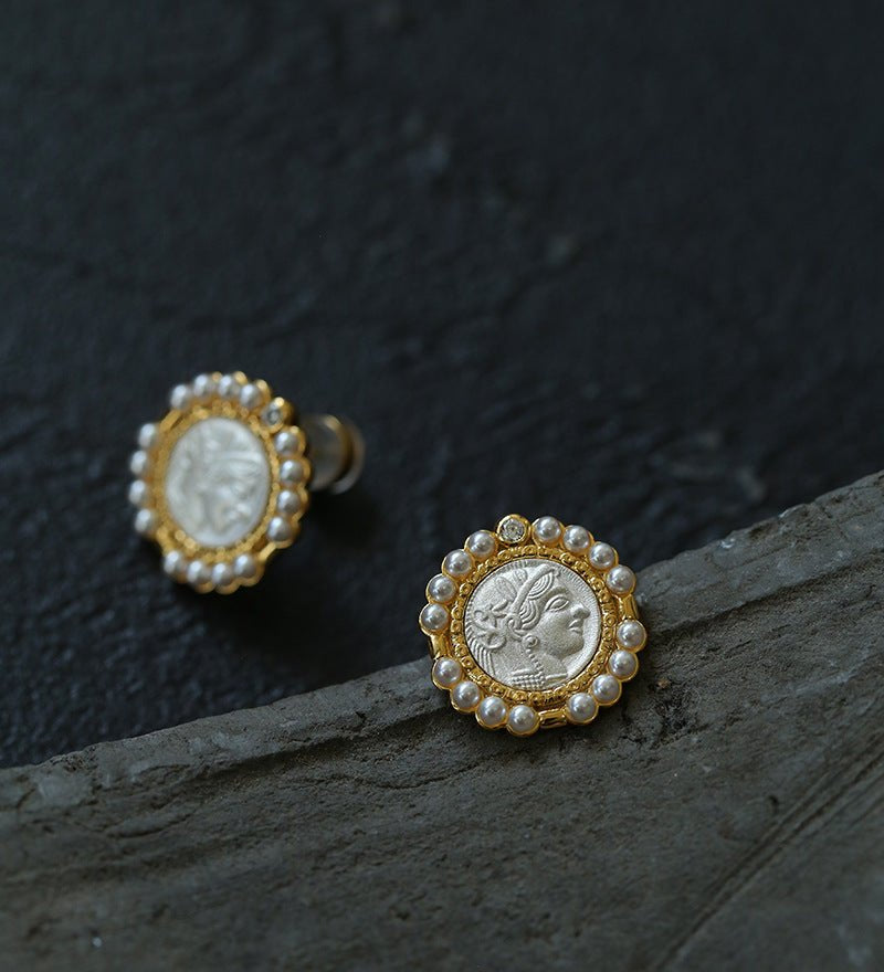 Ancient Greek Retro 925 Silver Coin Stud Earrings - Type C - floysun