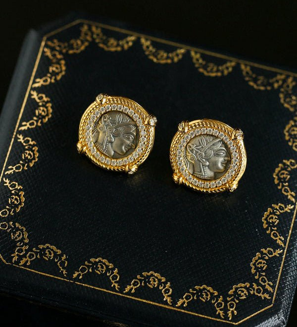 Ancient Greek Retro 925 Silver Coin Stud Earrings - Type D - floysun