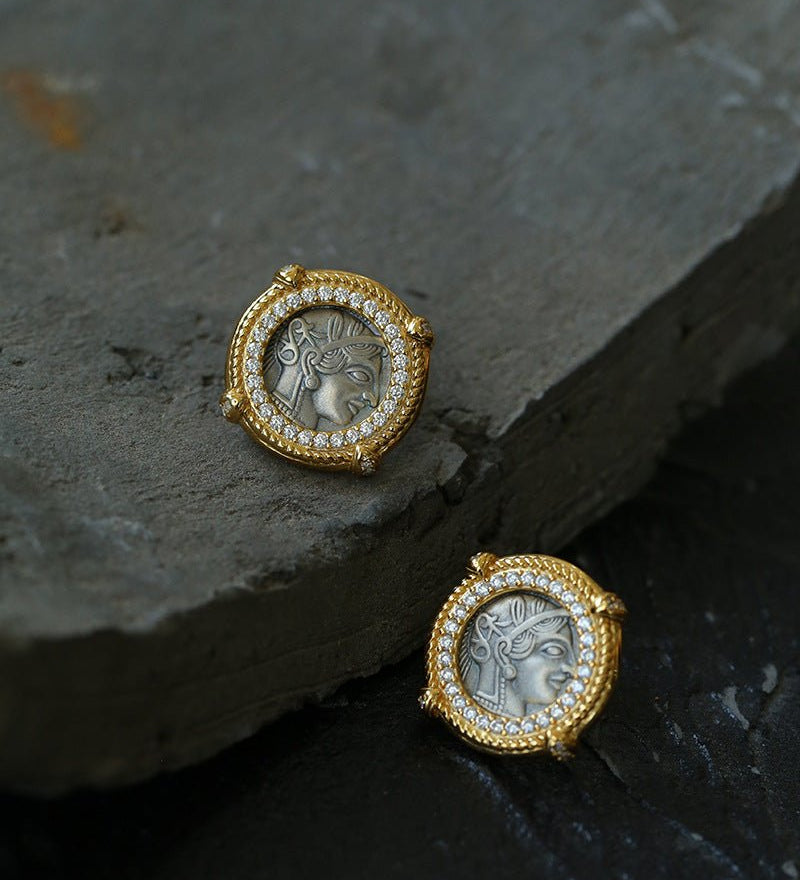 Ancient Greek Retro 925 Silver Coin Stud Earrings - Type D - floysun