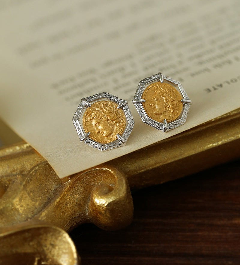 Ancient Greek Retro 925 Silver Coin Stud Earrings - Type F - floysun