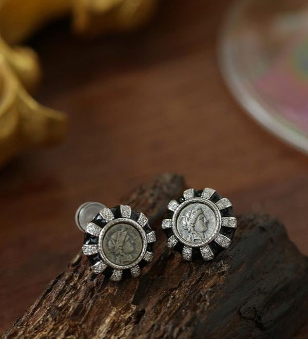 Ancient Greek Retro 925 Silver Coin Stud Earrings - Type K - floysun