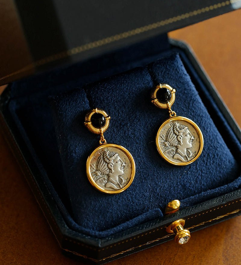 Ancient Greek Retro 925 Silver Coin Stud Earrings - Type N - floysun