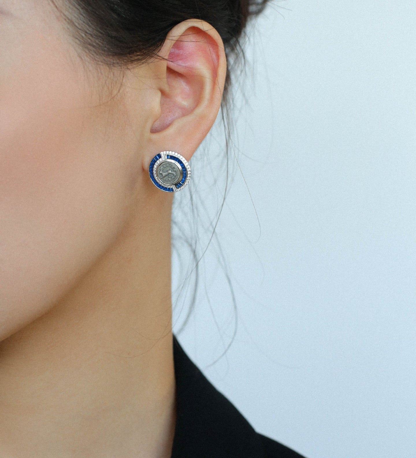 Ancient Greek Retro Blue 925 Silver Coin Stud Earrings - Type J - floysun