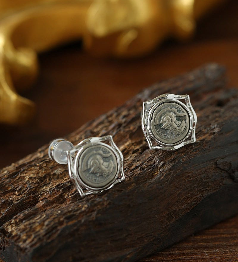 Ancient Greek Retro Blue 925 Silver Coin Stud Earrings - Type L - floysun