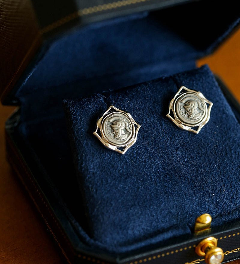 Ancient Greek Retro Blue 925 Silver Coin Stud Earrings - Type L - floysun