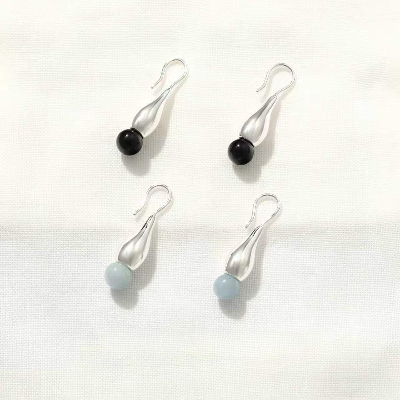 Angelite and Black Onyx Flower Bud Drop Earrings - floysun