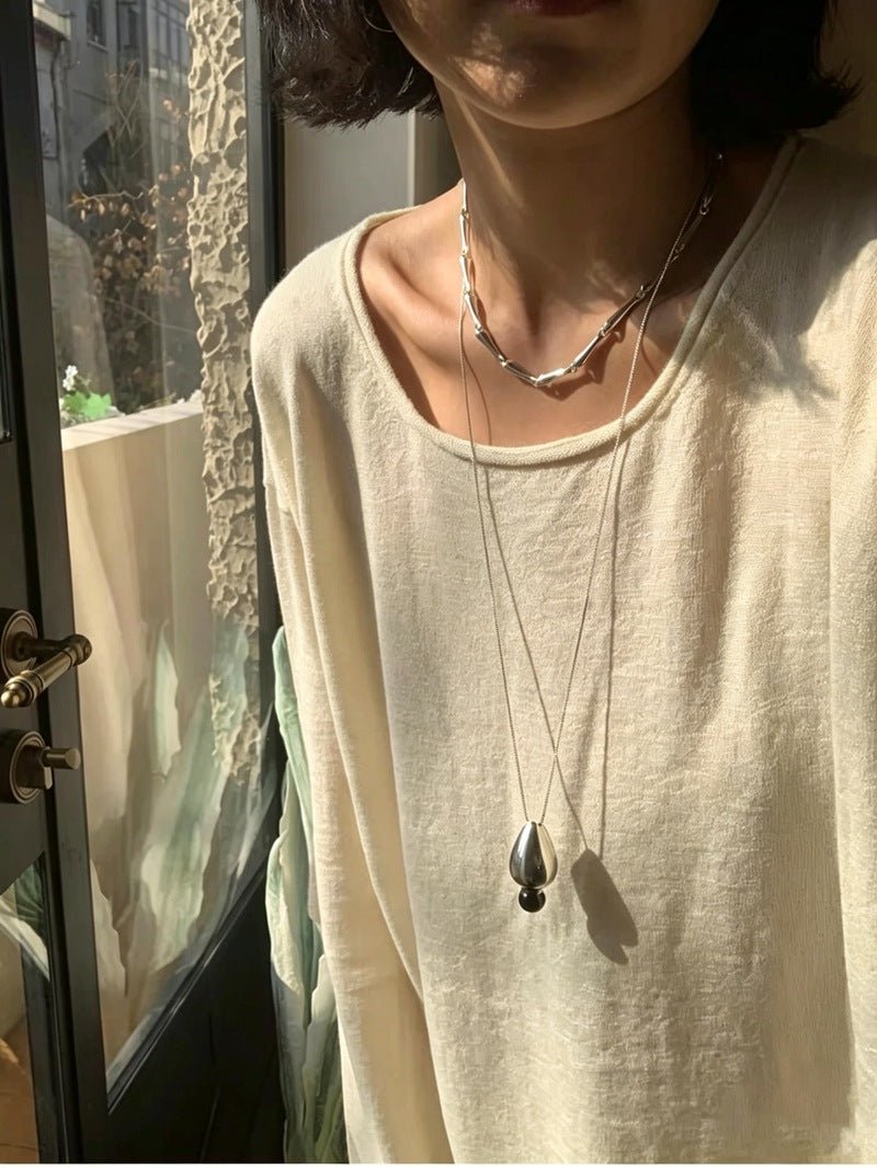 Angelite and Black Onyx Flower Bud Long Necklace - floysun