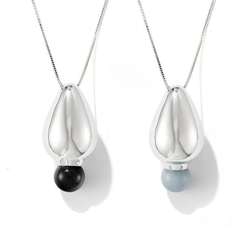 Angelite and Black Onyx Flower Bud Long Necklace - floysun