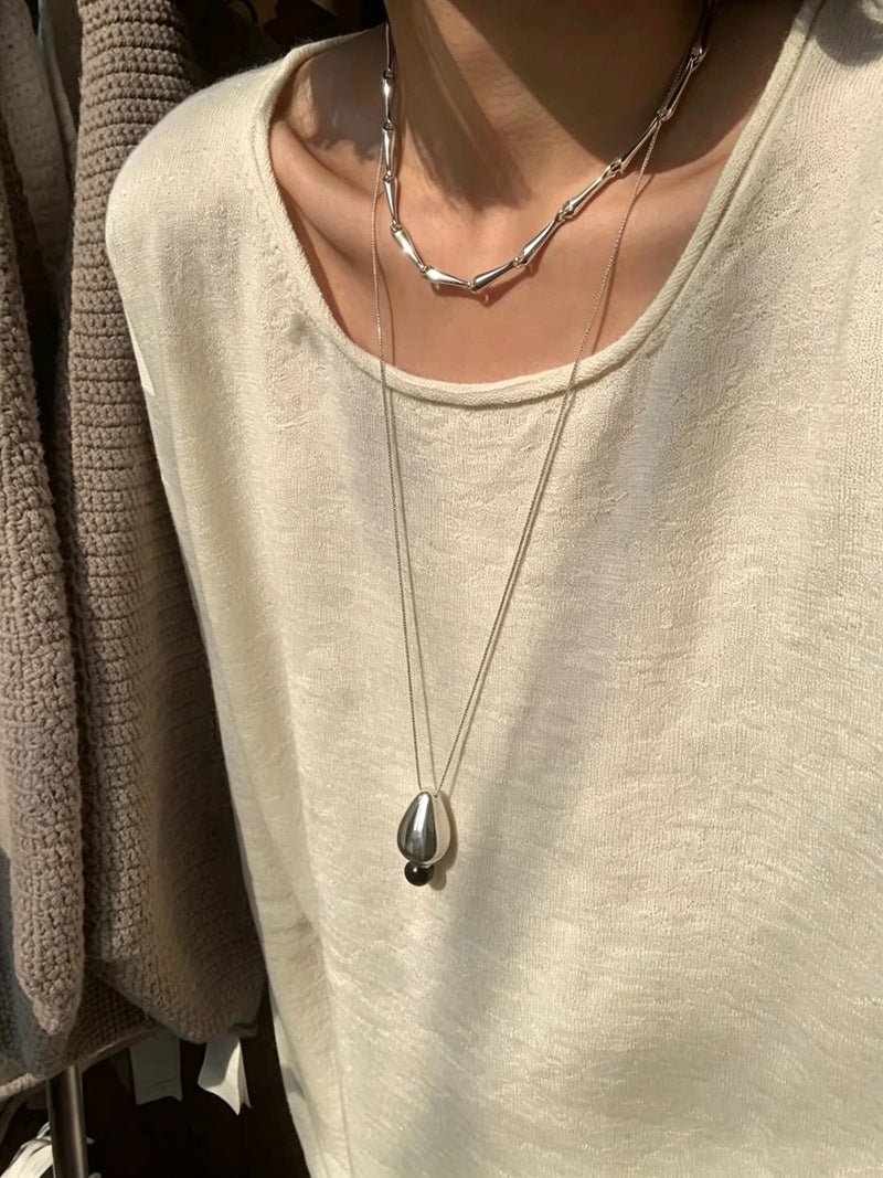 Angelite and Black Onyx Flower Bud Long Necklace - floysun