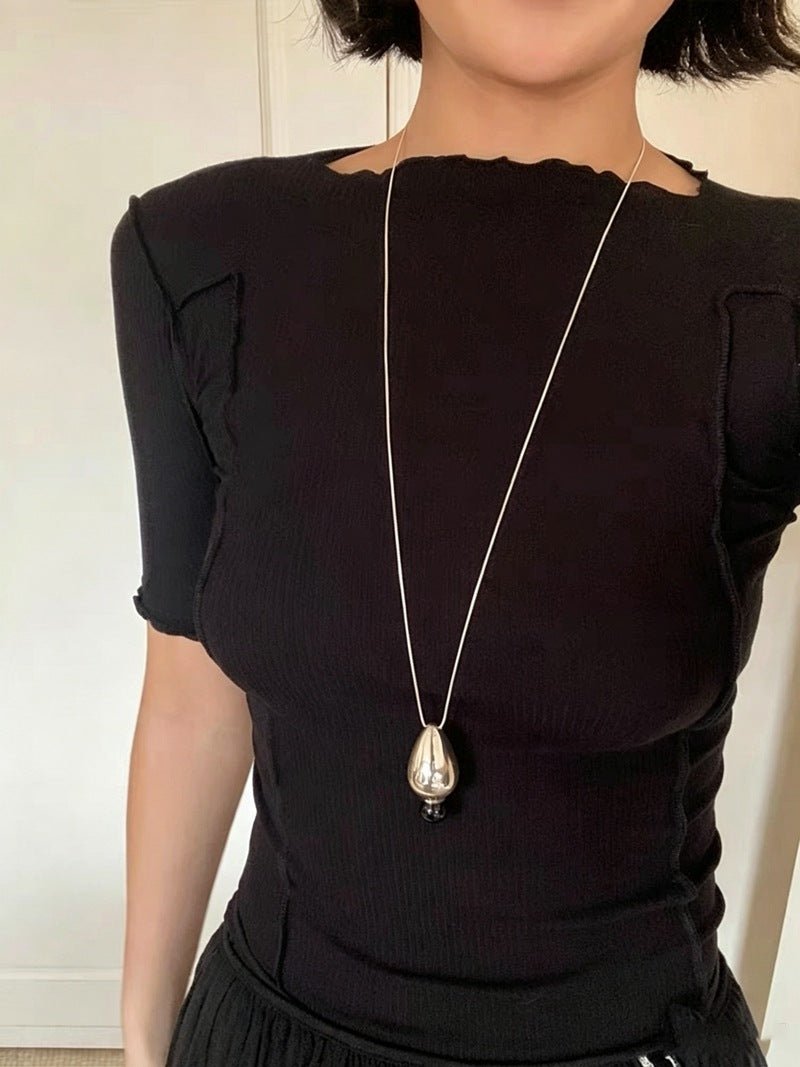 Angelite and Black Onyx Flower Bud Long Necklace - floysun