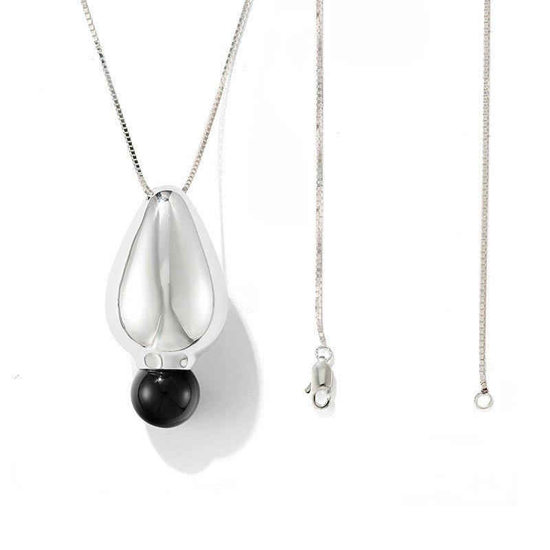 Angelite and Black Onyx Flower Bud Long Necklace - floysun