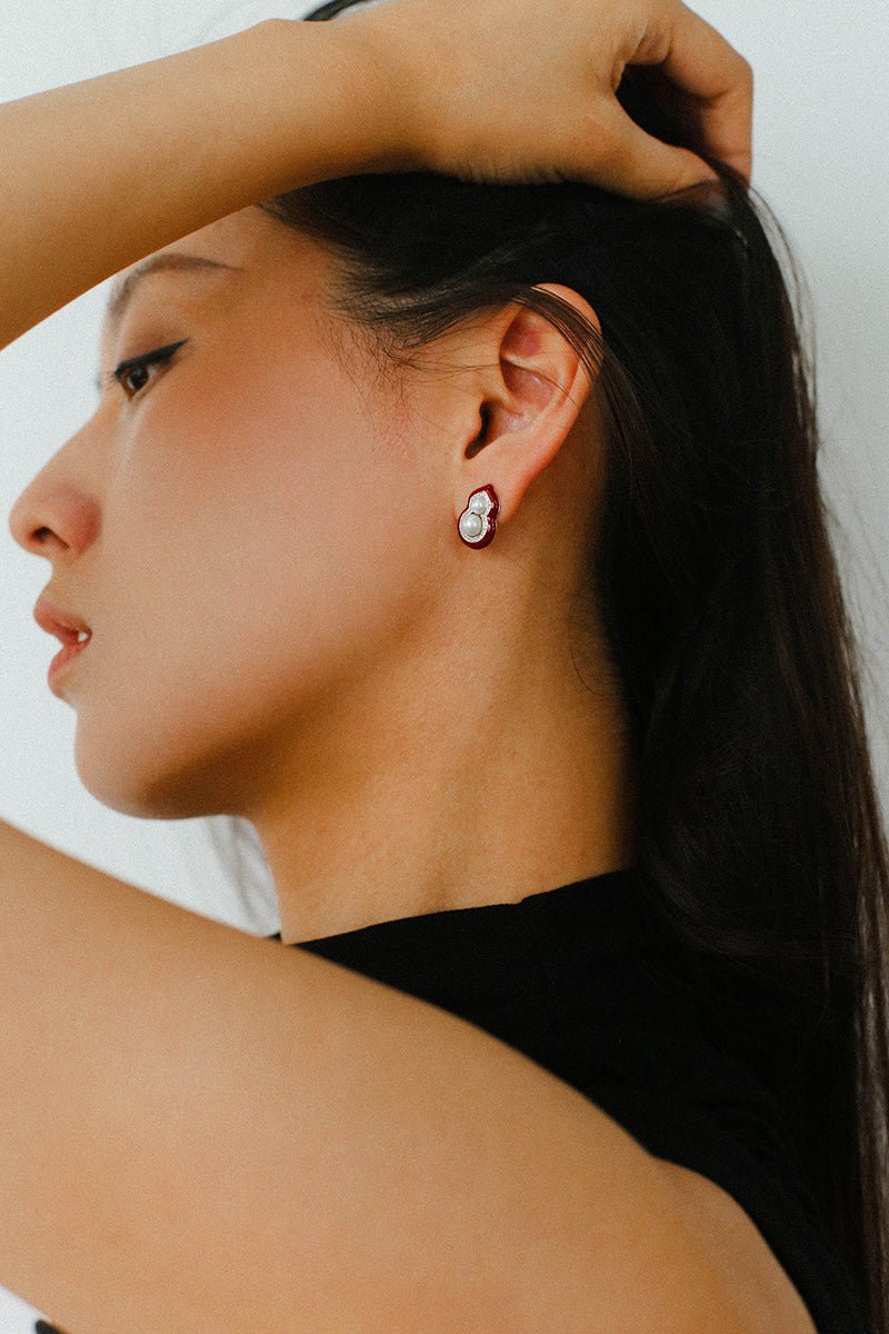 Angora Red Pearl Gourd Studs - Silver - floysun