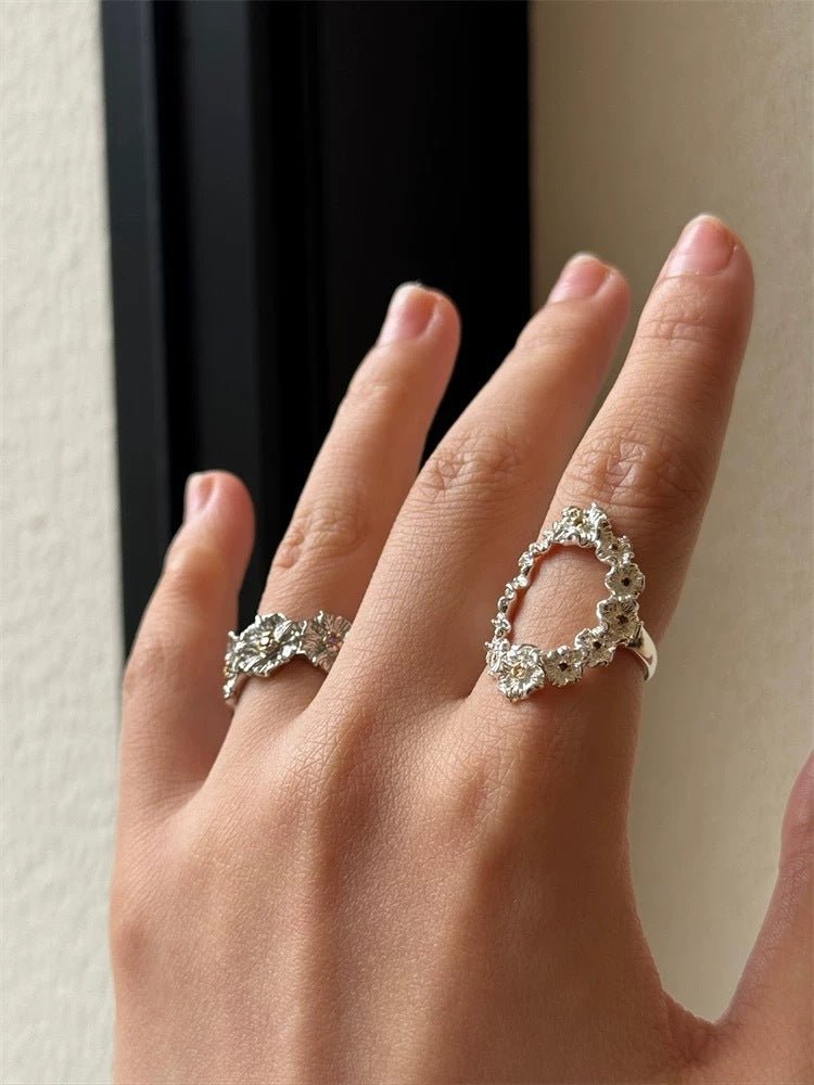 Antique Floral Wreath Statement Open Ring - Oval Garland Band - floysun