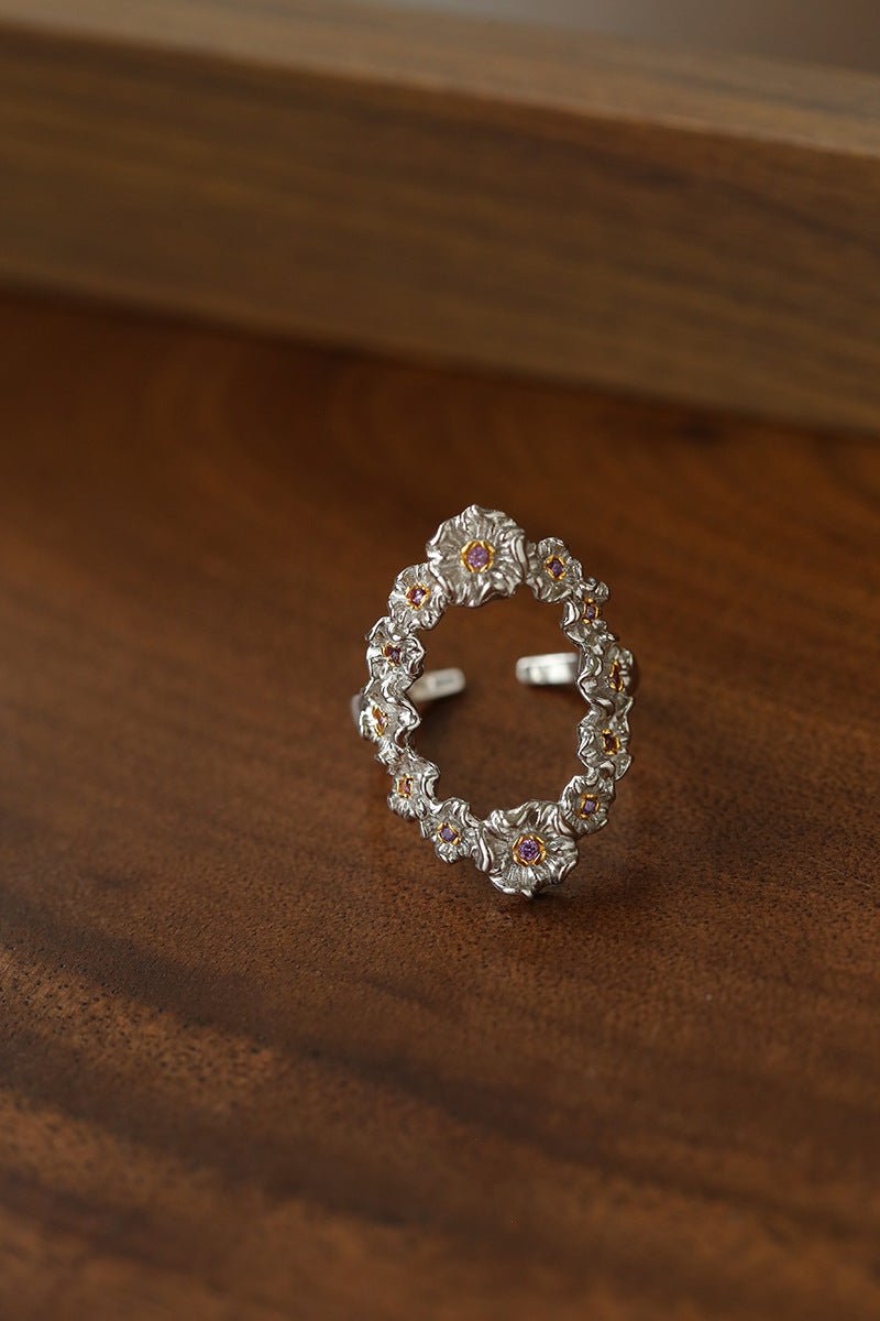 Antique Floral Wreath Statement Open Ring - Oval Garland Band - floysun
