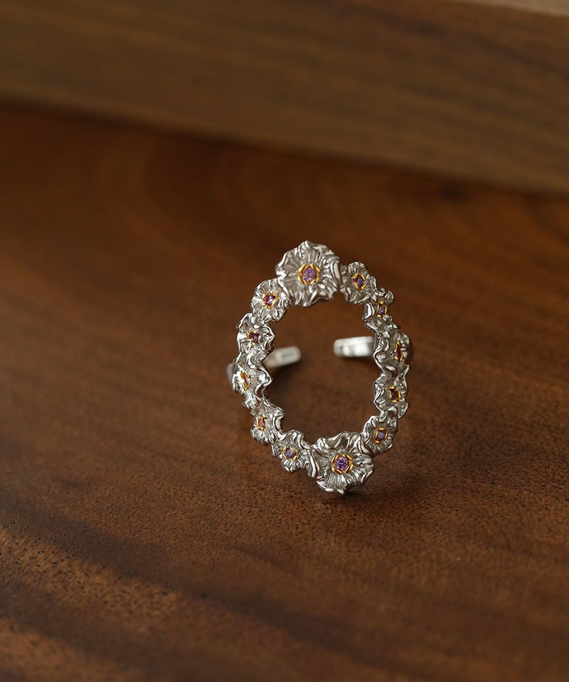 Antique Floral Wreath Statement Open Ring - Oval Garland Band - floysun