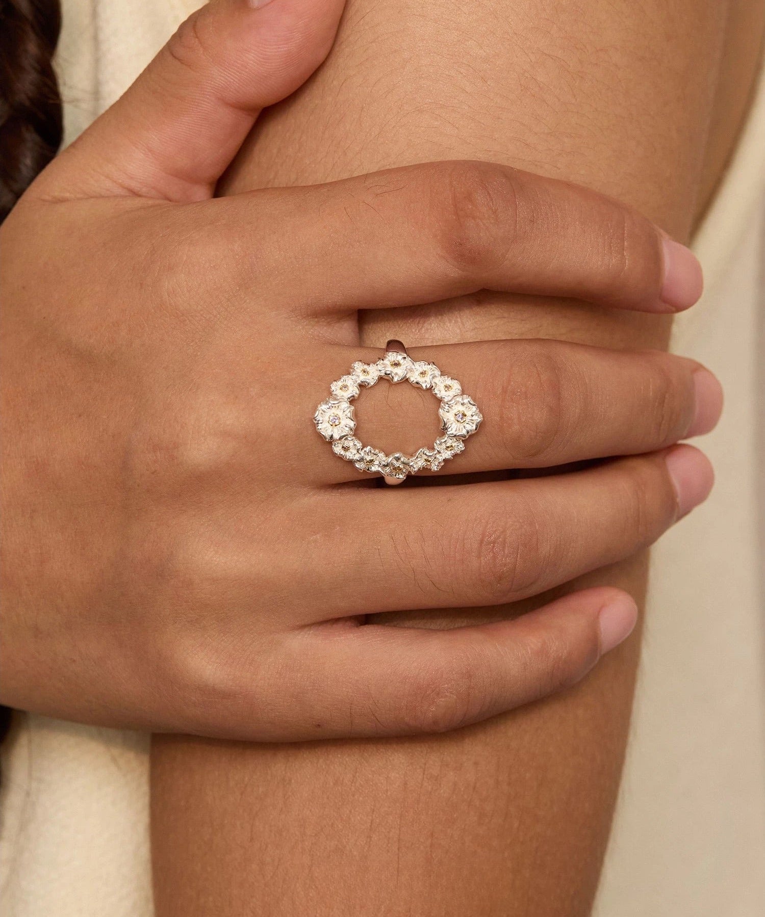 Antique Floral Wreath Statement Open Ring - Oval Garland Band - floysun
