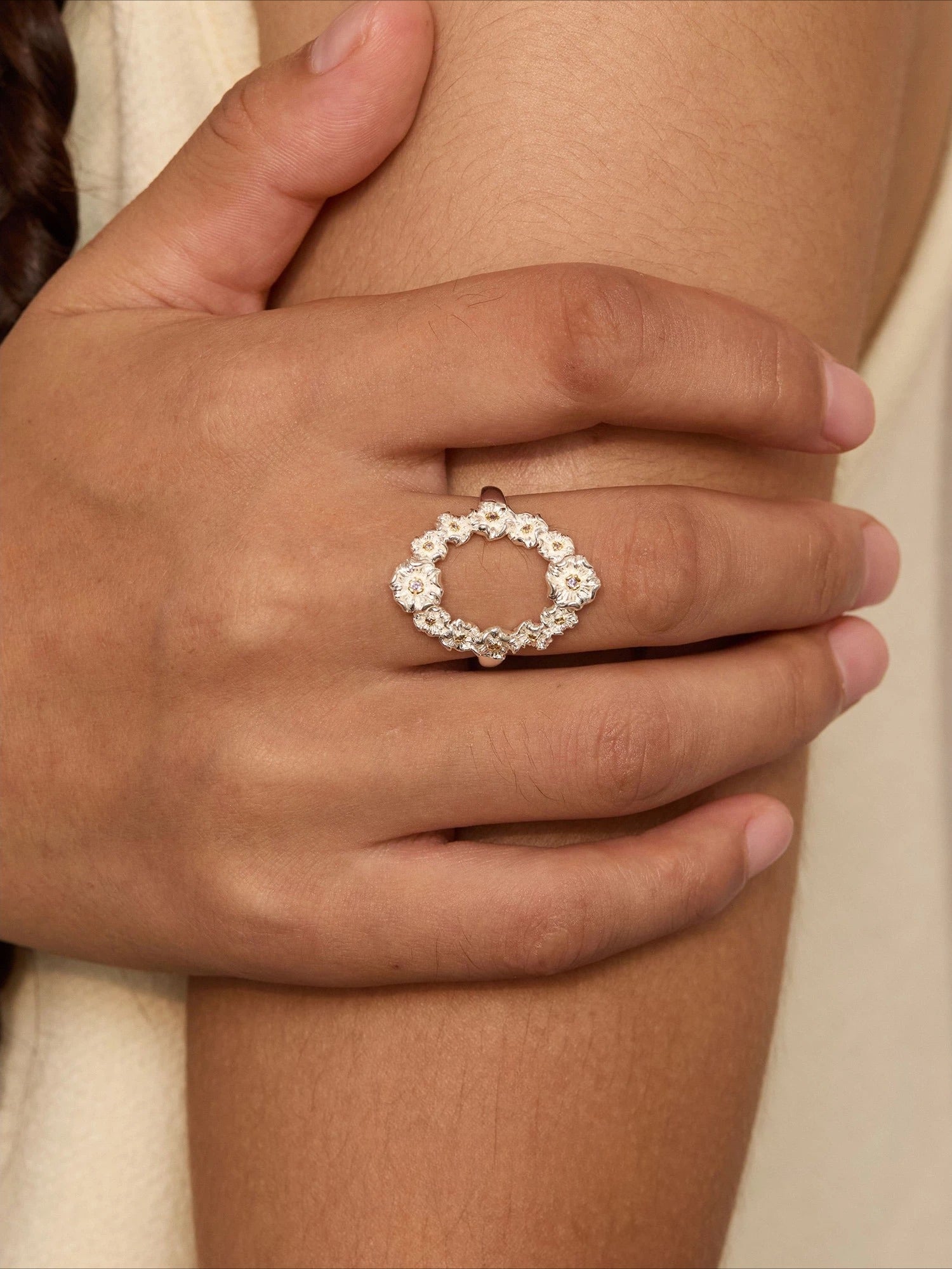 Antique Floral Wreath Statement Open Ring - Oval Garland Band - floysun