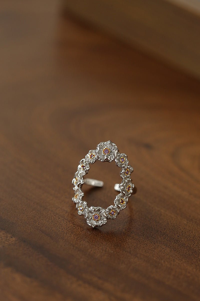 Antique Floral Wreath Statement Open Ring - Oval Garland Band - floysun