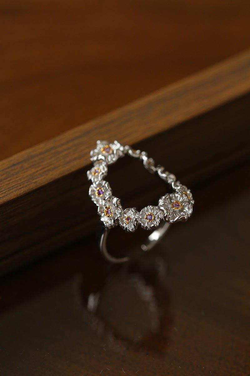 Antique Floral Wreath Statement Open Ring - Oval Garland Band - floysun
