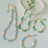 Aquamarine & Aventurine Freshwater Pearl Beaded Bracelet - floysun