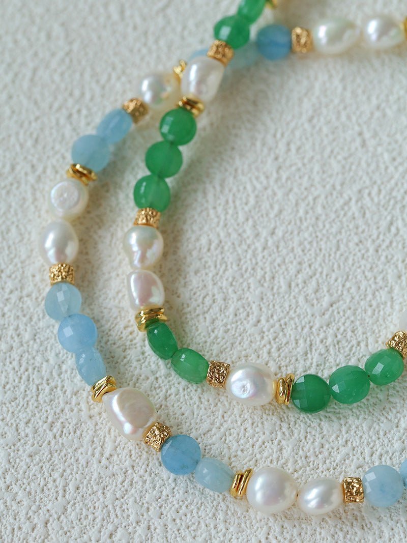 Aquamarine & Aventurine Freshwater Pearl Beaded Bracelet - floysun