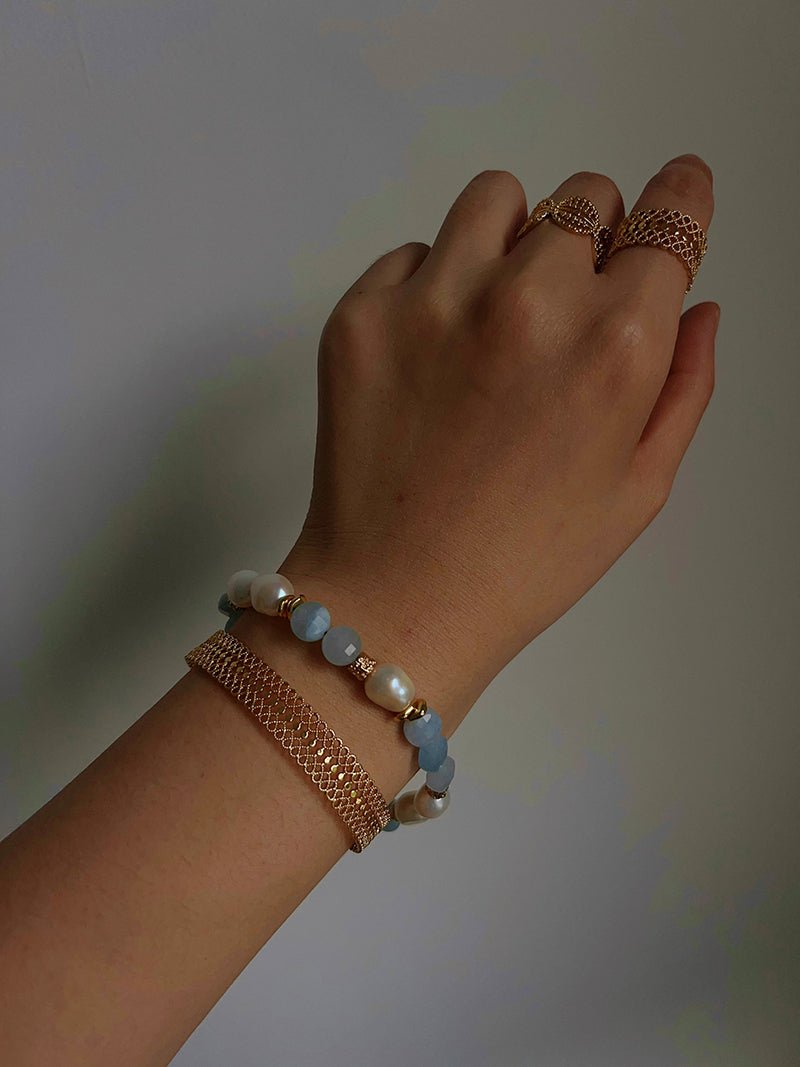 Aquamarine & Aventurine Freshwater Pearl Beaded Bracelet - floysun