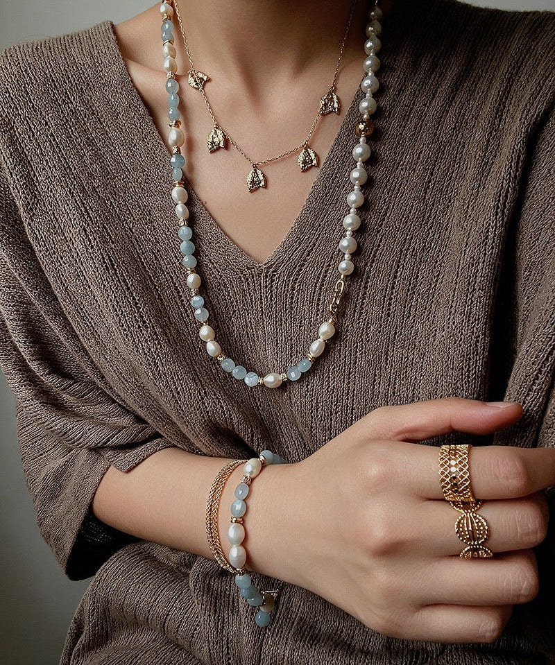 Aquamarine & Aventurine Freshwater Pearl Beaded Bracelet - floysun