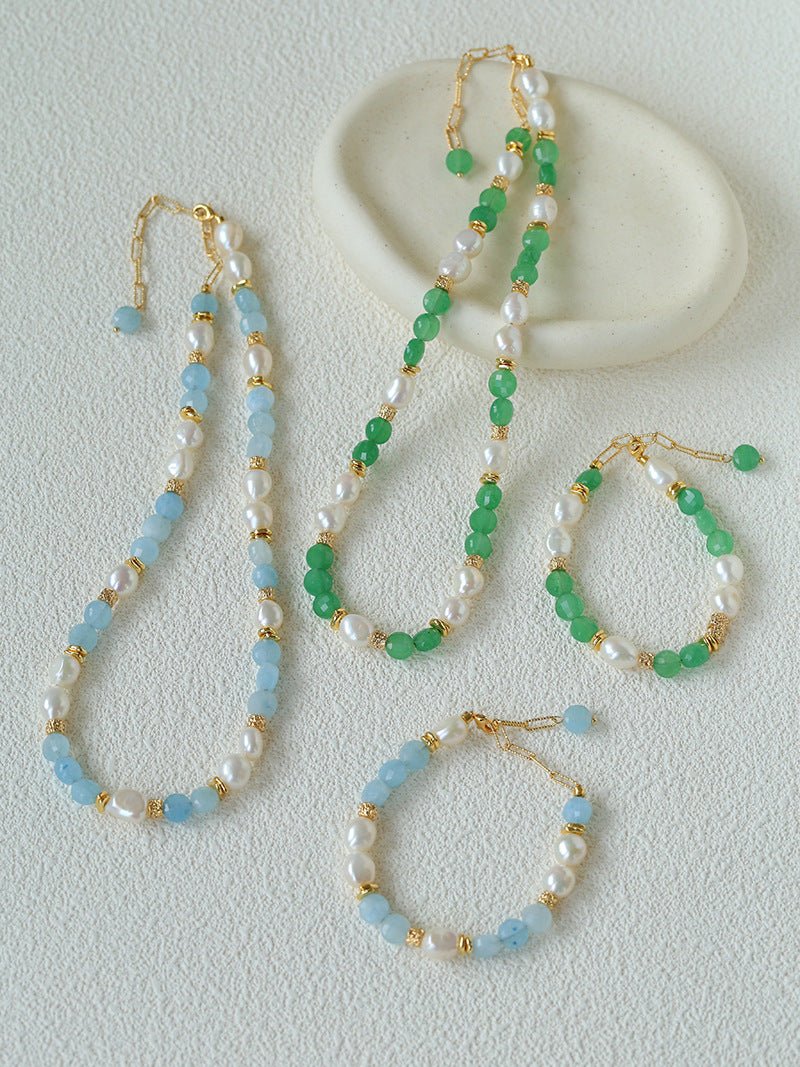 Aquamarine & Aventurine Freshwater Pearl Beaded Necklace - floysun