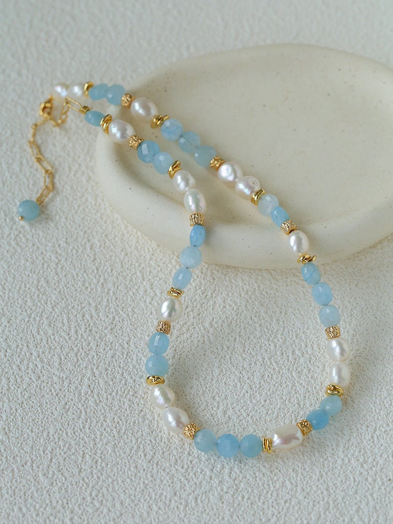 Aquamarine & Aventurine Freshwater Pearl Beaded Necklace - floysun