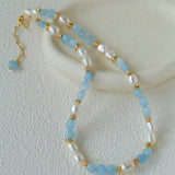 Aquamarine & Aventurine Freshwater Pearl Beaded Necklace - floysun
