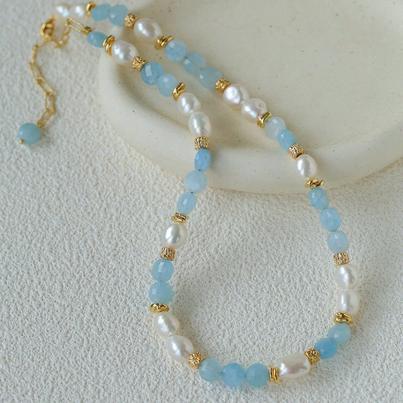 Aquamarine & Aventurine Freshwater Pearl Beaded Necklace - floysun