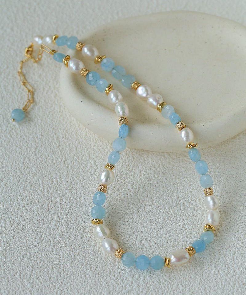 Aquamarine & Aventurine Freshwater Pearl Beaded Necklace - floysun