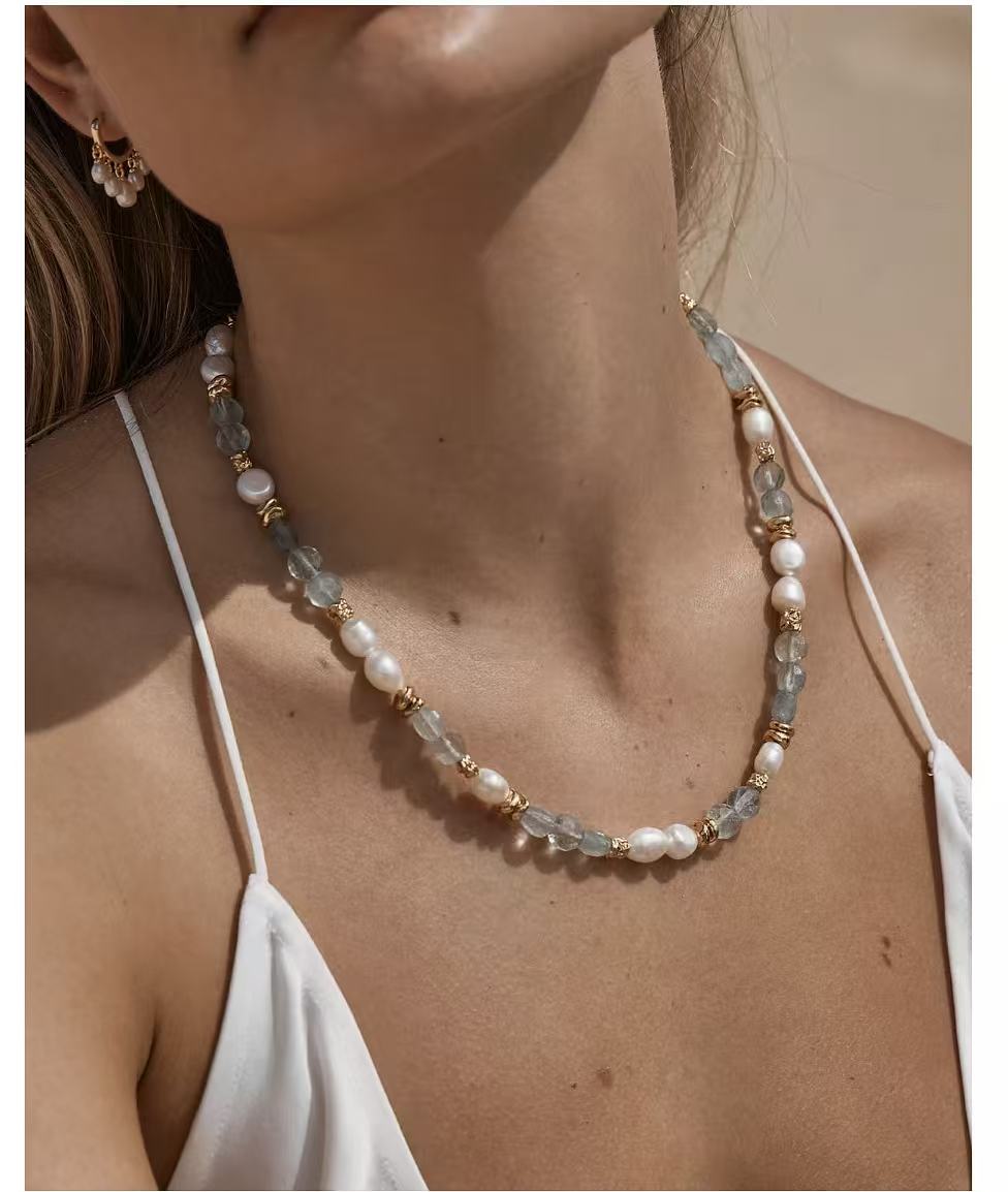 Aquamarine & Aventurine Freshwater Pearl Beaded Necklace - floysun