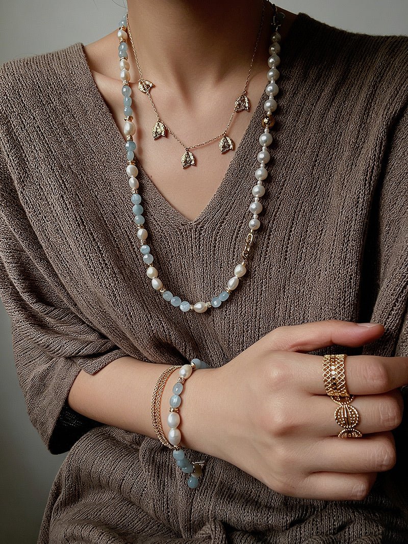 Aquamarine & Aventurine Freshwater Pearl Beaded Necklace - floysun