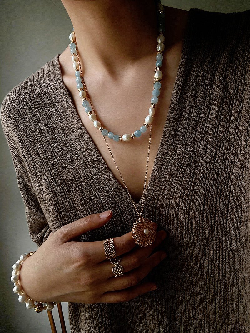 Aquamarine & Aventurine Freshwater Pearl Beaded Necklace - floysun