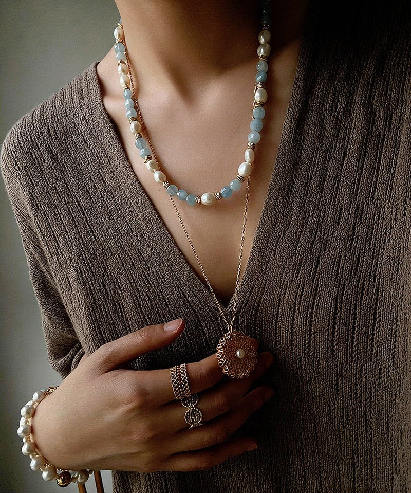 Aquamarine & Aventurine Freshwater Pearl Beaded Necklace - floysun