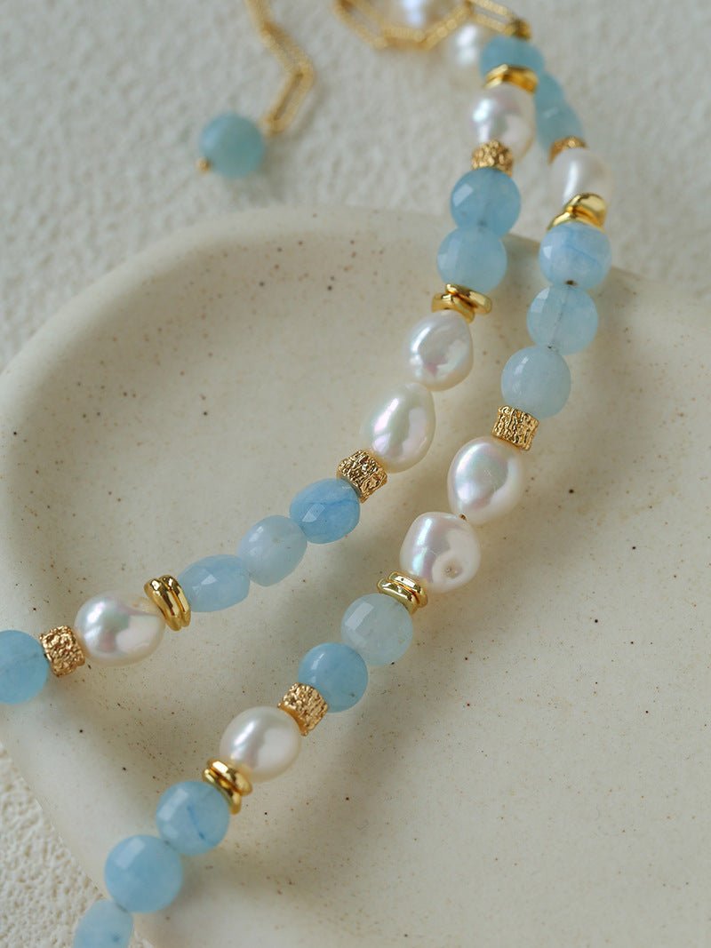 Aquamarine & Aventurine Freshwater Pearl Beaded Necklace - floysun