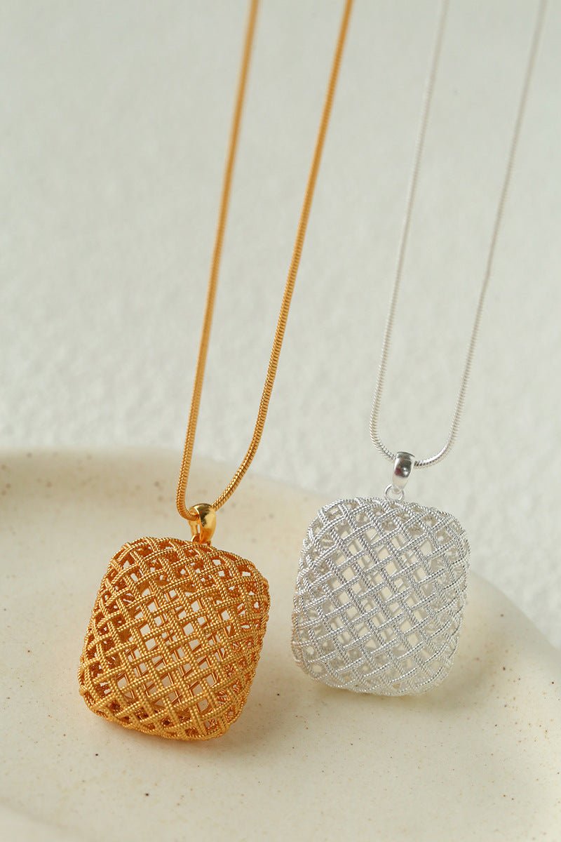 Architectural Lattice Geometric Pendant Necklace - Modern Minimalist Grid Medallion Long Chain - floysun