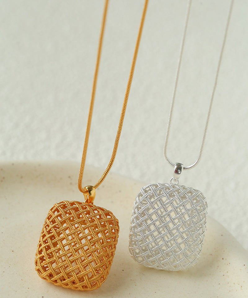 Architectural Lattice Geometric Pendant Necklace - Modern Minimalist Grid Medallion Long Chain - floysun
