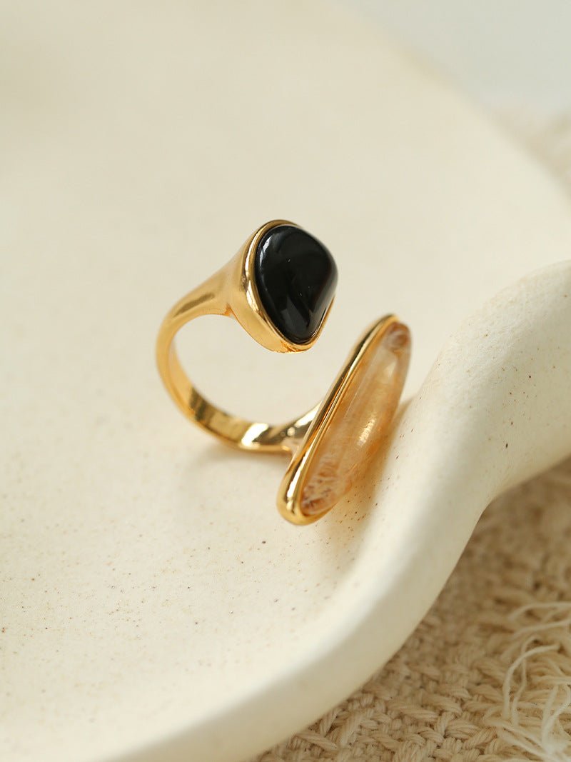 Art Design Rutilated Quartz Black Onyx Open Adjustable Ring - floysun